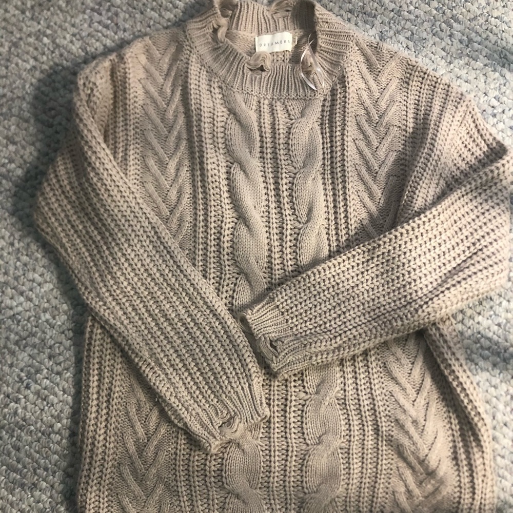Dreamers tan cable knit distressed sweater